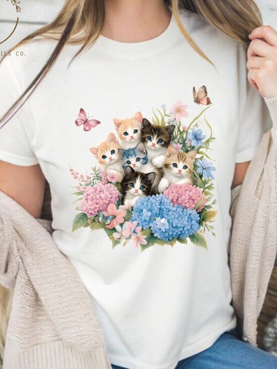 Tops - Graphic Cat Shirt, Floral Cat Tee, Gift for Cat Lover